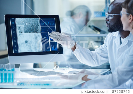 African male scientist pointing at computer monitor with micro image of bacterium and discussing it with his colleague 87358745