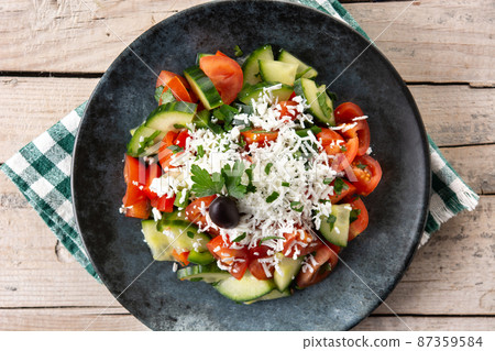 Traditional Bulgarian shopska salad with tomato,cucumber and bulgarian sirene cheese 87359584