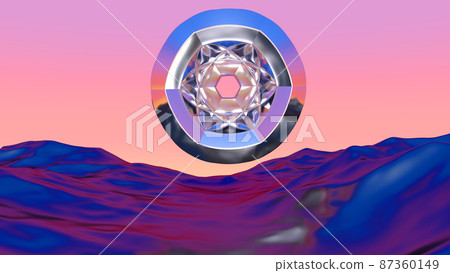 Abstract chrome shape over blue landscape in vaporwave sunset. Background with mysterious surreal shiny object. 3D illustration Abstract chrome shape over blue landscape in vaporwave sunset. Background with mysterious surreal shiny object. 3D illustration 87360149