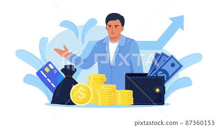 Businessman with Heap of Cash, Money Bag and Wallet. Financial Consultant, Banker Offering Loan. Successful Investor or Entrepreneur Getting Income. Financial Consulting, Investment, Savings, Profit Businessman with Heap of Cash, Money Bag and Wallet. Financial Consultant, Banker Offering Loan. Successful Investor or Entrepreneur Getting Income. Financial Consulting, Investment, Savings, Profit 87360153