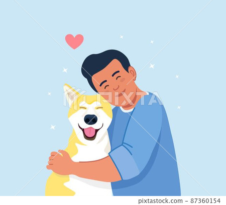 Man hug dog. Young guy hugging puppy with love. Friendship of boy and pet. Caring for a four-footed friend Man hug dog. Young guy hugging puppy with love. Friendship of boy and pet. Caring for a four-footed friend 87360154