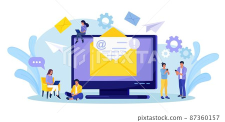 Sending and receiving mail messages. People using electronic mail by mobile phone, computer. Characters writing email letters by smartphone, laptop. New incoming sms, chat in social network, spam Sending and receiving mail messages. People using electronic mail by mobile phone, computer. Characters writing email letters by smartphone, laptop. New incoming sms, chat in social network, spam 87360157