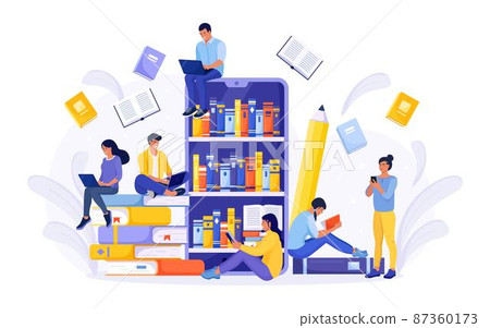 Online library, bookstores, ebook. Internet education. People reads books. Smartphone with reader app for reading and downloading book, audiobooks 87360173