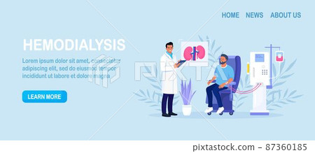 Hemodialysis equipment for treatment renal diseases failure. Cleansing and transfusion of blood through a dialysis machine. Doctor conducting hemodialysis. Patient getting a kidney disease treatment Hemodialysis equipment for treatment renal diseases failure. Cleansing and transfusion of blood through a dialysis machine. Doctor conducting hemodialysis. Patient getting a kidney disease treatment 87360185