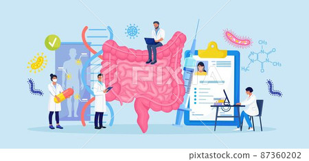 Tiny doctors examining gastrointestinal tract and digestive system. Diagnosis and treatment of the bowel. Intestinal inflammation, enteritis, colitis, dysbacteriosis Tiny doctors examining gastrointestinal tract and digestive system. Diagnosis and treatment of the bowel. Intestinal inflammation, enteritis, colitis, dysbacteriosis 87360202