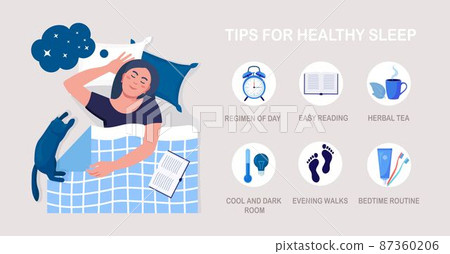 Useful tips and rules for healthy good sleep. Bedtime routine for peaceful dream, relax at night. List of advice to get rid of insomnia, sleeplessness. Woman sleeping in bed on pillow with book, cat 87360206