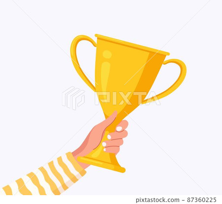Human Hand raising golden cup. Trophy award, prize for winner. Gold goblet for first place. Business or sport competition 87360225