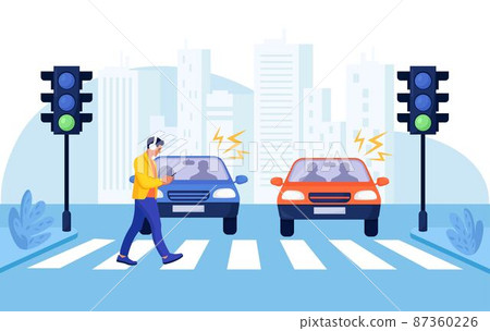Crosswalk accident with pedestrian. Man with smartphone and headphones crossing road on red traffic lights. Road safety. Car vehicle accident danger, street traffic rules. Urban lifestyle Crosswalk accident with pedestrian. Man with smartphone and headphones crossing road on red traffic lights. Road safety. Car vehicle accident danger, street traffic rules. Urban lifestyle 87360226