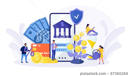 Bank building with money tree. Tiny People holds gold coins near Government Finance Department or Tax Office Column Building. 87360268