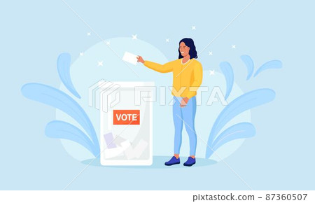 Election campaign. Voter casting ballot at polling place. Person making decision and putting paper ballot in vote box. Idea of democracy and government 87360507