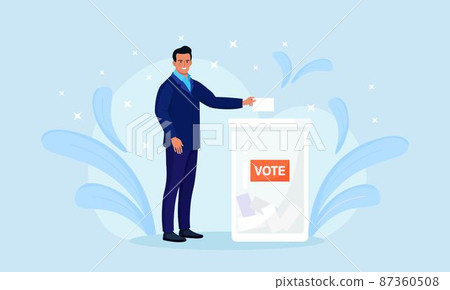 Election campaign. Voter casting ballot at polling place. Person making decision and putting paper ballot in vote box. Idea of democracy and government Election campaign. Voter casting ballot at polling place. Person making decision and putting paper ballot in vote box. Idea of democracy and government 87360508