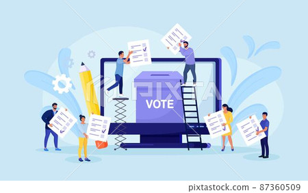Voting online concept. People putting vote paper in the ballot box on computer screen. Online polling, political election or survey, electoral internet system 87360509
