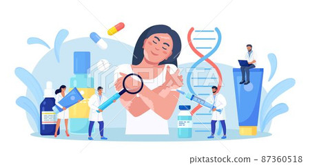 World vitiligo day. Doctor examines patient with skin problems. Happy girl hugs herself with vitiligo. Treatment of autoimmune diseases with tablets, ointments 87360518