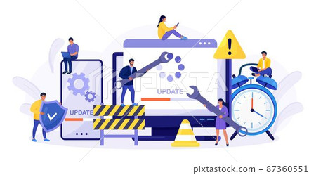 System Update. Tiny programmers upgrading operating system. IT specialists updating software, programs and applications. Technical error and service. Computer, phone screen with updating progress bar 87360551