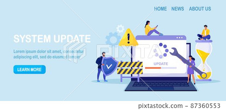 System Update. Tiny programmers upgrading operating system. IT specialists updating software, programs and applications. Technical error and service. Computer laptop screen with updating progress bar System Update. Tiny programmers upgrading operating system. IT specialists updating software, programs and applications. Technical error and service. Computer laptop screen with updating progress bar 87360553