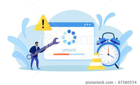 System Update. Tiny programmers upgrading operating system. IT specialists updating software, programs and applications. Technical error, service. Web page with updating progress bar and alarm clock 87360554