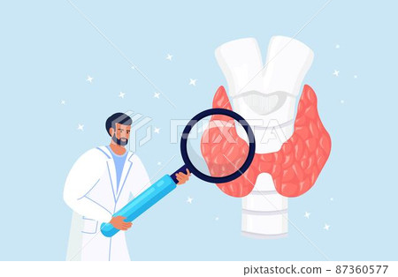Tiny endocrinologists doctors diagnose and treat human thyroid gland. Thyroid examination with magnifying glass. Hypothyroidism, hyperthyroidism concept. Health and medical treatment 87360577