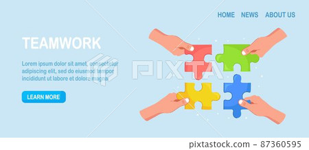 Businessmen hold in hands the pieces of jigsaw puzzle and connect it. Team work business metaphor. Teamwork, success concept Businessmen hold in hands the pieces of jigsaw puzzle and connect it. Team work business metaphor. Teamwork, success concept 87360595