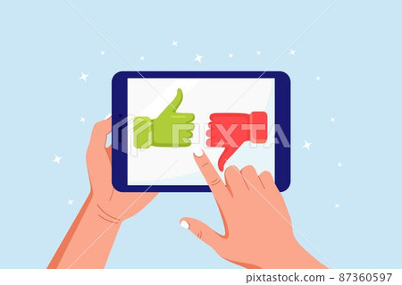 Customer feedback, rating and review concept. Human hands holding tablet with like and dislike. Thumb up and down on computer pc screen. Blogging, online messaging, social network services Customer feedback, rating and review concept. Human hands holding tablet with like and dislike. Thumb up and down on computer pc screen. Blogging, online messaging, social network services 87360597
