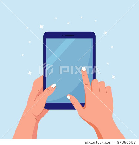 Hands holding and pointing on digital tablet pc. Man touching blank screen of tablet computer Hands holding and pointing on digital tablet pc. Man touching blank screen of tablet computer 87360598