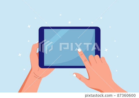 Hands holding and pointing on digital tablet pc. Man touching blank screen of tablet computer Hands holding and pointing on digital tablet pc. Man touching blank screen of tablet computer 87360600
