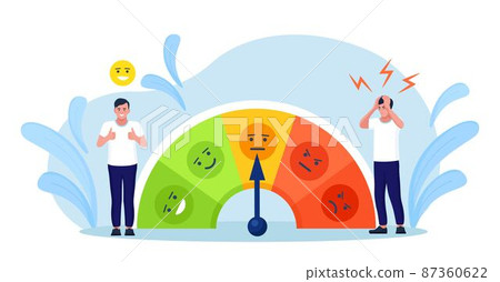 Stress level, mood scale. Man solves problems and reduces psychological pressure. Person tired because of emotional and work overload. Burnout and increased productivity. Depressed and mental illness Stress level, mood scale. Man solves problems and reduces psychological pressure. Person tired because of emotional and work overload. Burnout and increased productivity. Depressed and mental illness 87360622