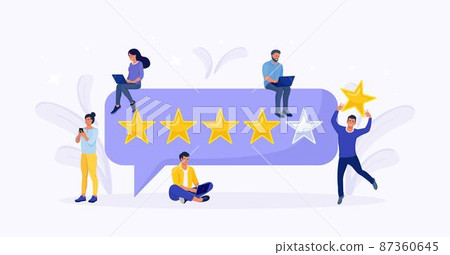 Customers giving feedback on laptop, man holding review star over his head. Five stars rating. Clients choosing satisfaction level. Reputation and quality and rating concept 87360645