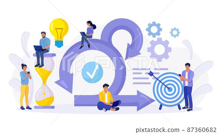 Scrum Framework concept. Scrum process diagram as agile software development scheme. Team discussing tasks at Kanban board and working on laptop. Business meeting. Project management work cycle 87360682