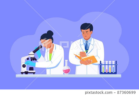 Young woman scientist looking through a microscope in a laboratory doing chemical research, microbiological analysis or medical test. Man with a folder writes down the results 87360699