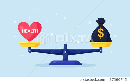 Money and health balance. Healthcare, wealth earning on scales. Money bag versus red heart on scale. Imbalance of lifestyle and work. Comparison of business stress and healthy life 87360745