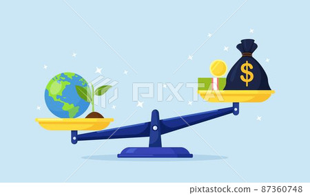 Money and planet earth on bowls of scales. Money bag, stack of currency and globe balance on scales. Save, defense of environment 87360748