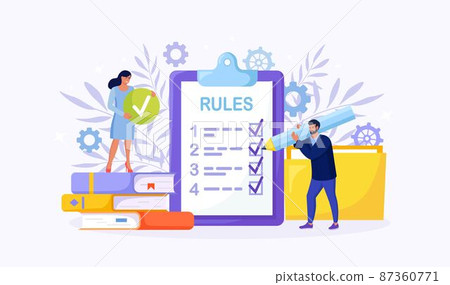 Business people studying list of rules, reading guidance, making checklist. Tiny businessmen get to know company order, restrictions, law, regulations Business people studying list of rules, reading guidance, making checklist. Tiny businessmen get to know company order, restrictions, law, regulations 87360771