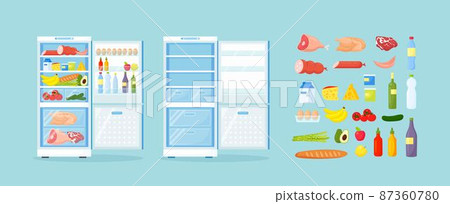Empty and opened refrigerator with different healthy food. Fridge on Kitchen, freezer with meat on shelves 87360780