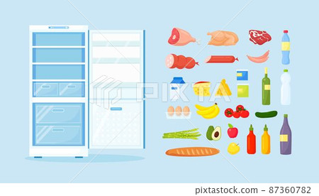 Opened empty refrigerator with different healthy food. Fridge on Kitchen, freezer with meat on shelves Opened empty refrigerator with different healthy food. Fridge on Kitchen, freezer with meat on shelves 87360782