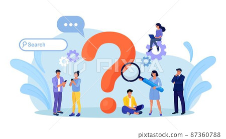 Frequently asked questions, information retrieval. Business people ask questions using laptop, phone. Group of woman and man look for answers around big question mark. Faq concept 87360788