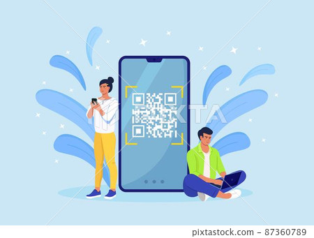 QR code scanning concept. Characters use mobile phone, scan barcode for online payment. Digital money app 87360789
