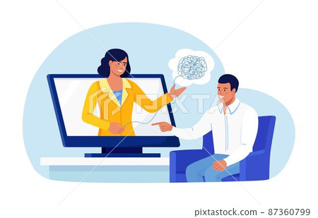 Online psychotherapy. Psychologist doctor helps patient to unravel tangled thoughts. Psychological problems, mental disorder, treatment of stress, addictions. Psychology counseling Online psychotherapy. Psychologist doctor helps patient to unravel tangled thoughts. Psychological problems, mental disorder, treatment of stress, addictions. Psychology counseling 87360799