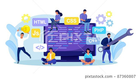 Developing programming and coding technologies and engineering development. Programmer or developer create code. Computer screen with codes. Developer work with task, coding software using pc 87360807