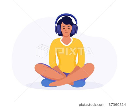 Woman meditating in the Lotus position. Girl with headphones practising guided meditation. Podcast. Online training, radio. Character with headphone listens  music and enjoys songs in earphones 87360814