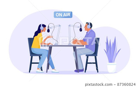 Radio host interviewing guests on radio station. Man and woman in headphones talking to microphones recording podcast in studio. Mass media broadcasting 87360824