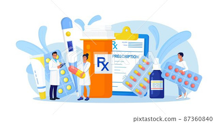 Online pharmacy store. Pharmacist in drugstore standing near medicine pills and bottles. Medical staff choosing medicaments. Medical laboratory, pharmaceutical lab with staff. Doctor care for patient 87360840