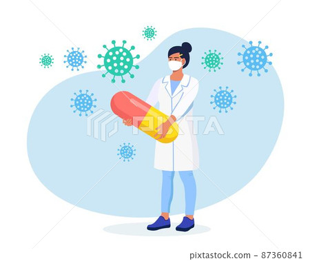Tiny Female character holding huge pills, tablets. Pharmacist care for patient. Professional pharmaceutical science. Illness Prevention, disease treatment. Healthcare and pharmacy, drugstore 87360841