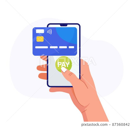 Pay by credit card via electronic wallet on phone. Mobile banking app, contactless payment. Hand holds smartphone with virtual bank card. Shopping by phone and connected credit card, digital money. Pay by credit card via electronic wallet on phone. Mobile banking app, contactless payment. Hand holds smartphone with virtual bank card. Shopping by phone and connected credit card, digital money. 87360842