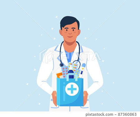 Pharmacist holds paper bag with medicines, drugs and pill bottles inside in hands. Online Home delivery pharmacy service. Doctor in white coat with stethoscope 87360863