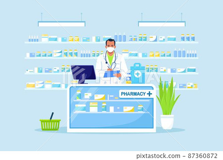 Doctor pharmacist standing behind the counter in the pharmacy. Drugstore interior. Pharmaceutical Industry 87360872
