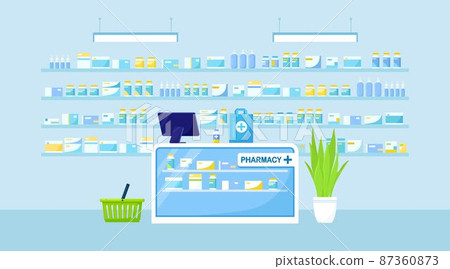 Pharmacy interior with counter and drug on shelves. Modern drugstore. Pharmacy interior with counter and drug on shelves. Modern drugstore. 87360873