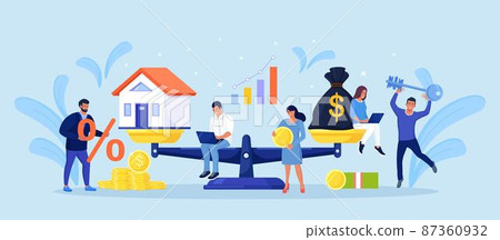 Money bag with dollar sign and house on scales. Real estate, rental expense, liabilities concept. Buying home. Mortgage loan, real estate investment. Sale or rent apartment 87360932