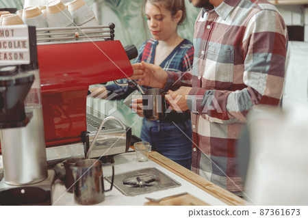 The process of whipping milk in coffee machine The process of whipping milk in coffee machine 87361673