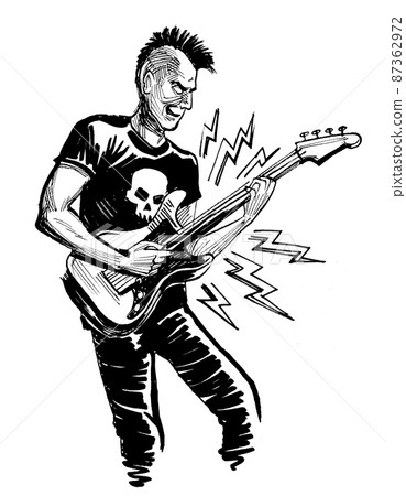 Punk rocker playing electric guitar. Ink black and white drawing Punk rocker playing electric guitar. Ink black and white drawing 87362972