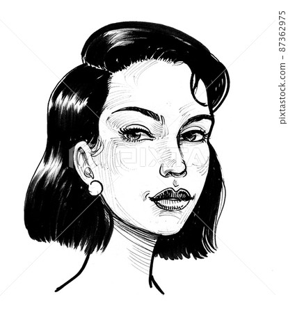 Pretty pinup woman. Ink black and white drawing 87362975